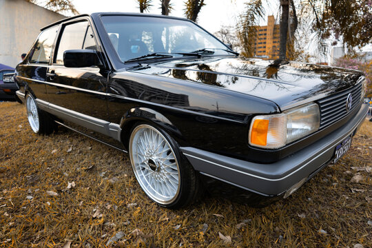 Vehicle Volkswagen Voyage 1993 on display at a vintage car fair show in the city of Londrina, Brazil. Annual vintage car meeting.