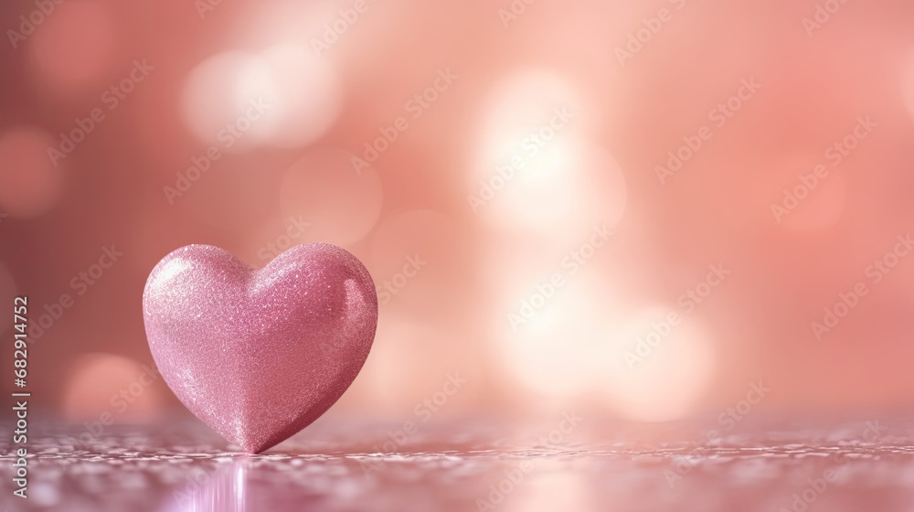 Wall mural rose gold heart on a pink red background with bokeh, valentine's day banner.concept of love