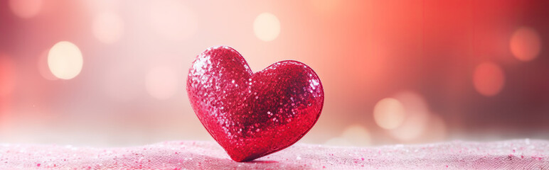 Obraz premium Red heart on a pink red background with bokeh, Valentine's Day banner.Concept of Love 