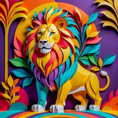 Paper art lion illustration on the abstract background.