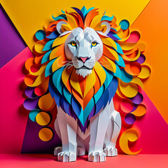 Paper art lion illustration on the abstract background.