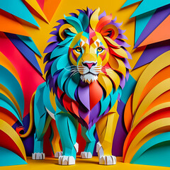 Paper art lion illustration on the abstract background.