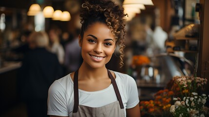 Smiling black female chef in her restaurant, women-owned business concept.