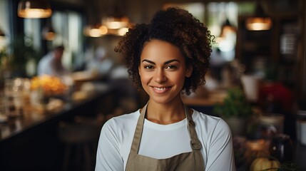 Smiling black female chef in her restaurant, women-owned business concept.