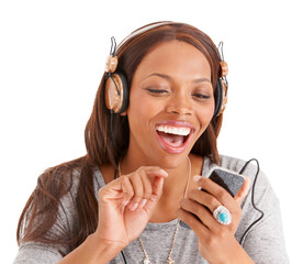 Happy black woman, phone and laughing for funny joke, meme or social media against a white studio...