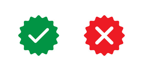 Green tick mark and red cross mark badge on white background, approval and disapproval vector symbol - obrazy, fototapety, plakaty