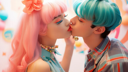 A couple with vibrant hair colors sharing a passionate kiss.