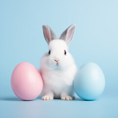 Obraz premium Bunny is standing next to blue and pink Easter eggs