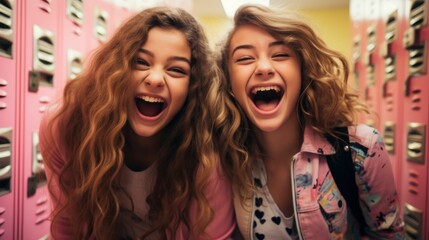 Fototapeta premium Closeup portrait photo of two giggling teenage girls, cute pattern fashion, posing in front of their school lockers, vibrant colors
