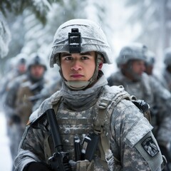 A soldier carrying a gun in snowy weather.