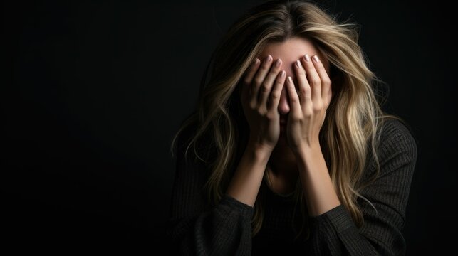 Photo, a woman in a simple setting, rubbing her eyes in fatigue, the raw emotion accentuated by the unfiltered studio lighting