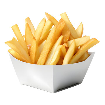 Close up photography of French fries in a paper box isolated 