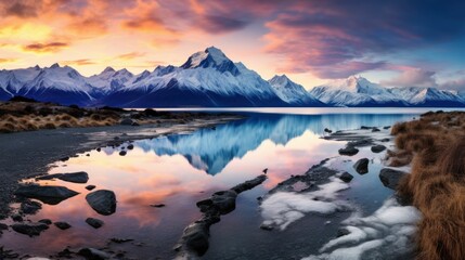 Photo, landscape photography in the style of Art Wolfe, highlighting the diverse landscapes of New Zealand South Island, from rugged mountains to serene lakes - obrazy, fototapety, plakaty