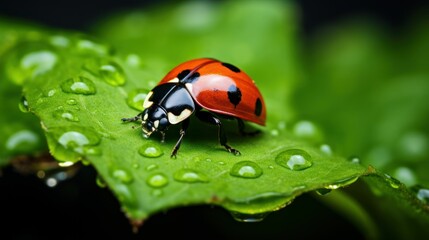Fototapeta premium photo, macro shot, close-up of a ladybug crawling on a leaf, vivid red against lush greenery, moments in nature