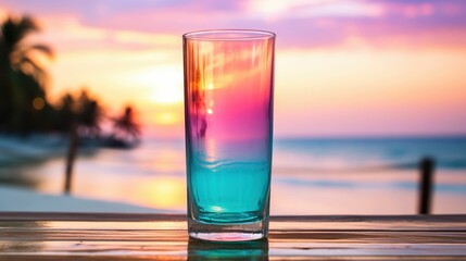 photo of an ombre colorful cocktail in a tall cocktail glass, in an outdoor beach bar, palmtree beach, turquoise ocean, summer day, pastel colors