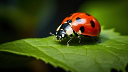 Fototapeta premium photo, macro shot, close-up of a ladybug crawling on a leaf, vivid red against lush greenery, moments in nature