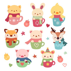 The collection of cute animal in the cup of coffee in christmas theme set in flat vector style.The animals include a fox, bear, cat, deer, duck, pig, hamster and bunny.