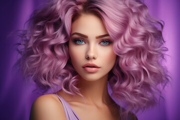 Fototapeta premium A Vibrant Portrait of a Woman with Striking Purple Hair, Exuding Confidence and Style. A woman with purple hair is posing for a picture