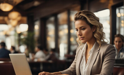Fototapeta na wymiar Caucasian woman entrepreneur working with a laptop at cafe
