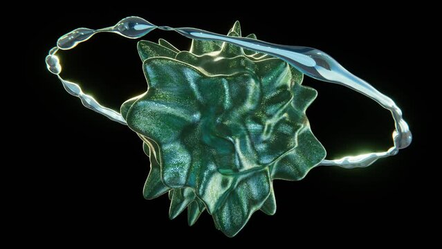 Abstract 3D cinematic planet blob sphere with bubbly noise glitter texture and chrome metallic rotating circle ring isolated on a black background 4K 30 fps seamless loop animation