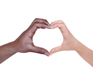 The two arms with dark and bright skin make heart  on the white background