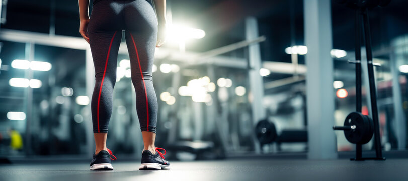 Back view of fit woman legs wearing tight sportswear in gym workout. Healthy lifestyle, fitness and sport banner with copy space