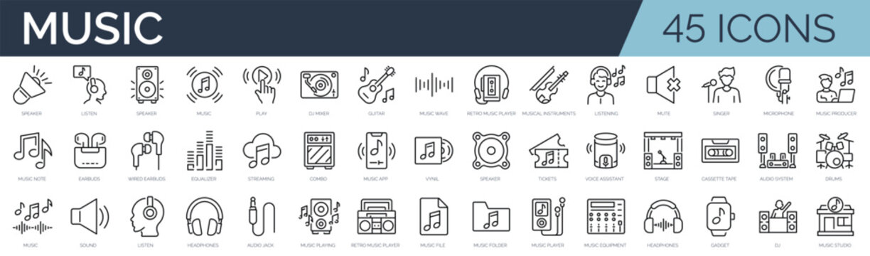 Set of 45 outline icons related to music. Linear icon collection. Editable stroke. Vector illustration