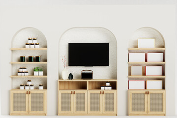 Decorative shelves with decorative items, mockup box, mockup bottle