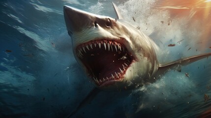 big angry and vicious shark background wallpaper ai generated image - obrazy, fototapety, plakaty