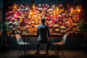 Organized Mind: A business man takes a moment to absorb the organized chaos of his thoughts, captured on a wall full of meticulously arranged post-it notes