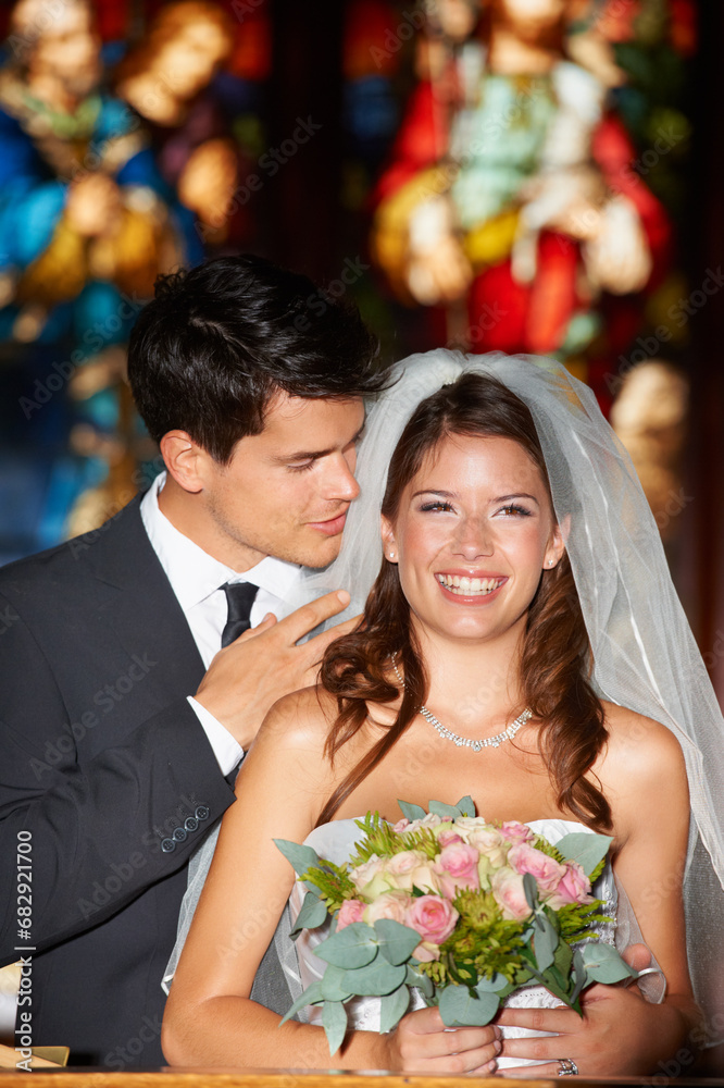 Poster Happy couple, wedding and flowers at church for marriage, love or commitment together at ceremony. Married man and woman smile with bouquet of roses and bridal dress for relationship or celebration