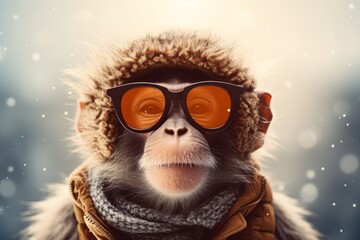 Funny monkey in sunglasses, winter hat and warm clothes on the street in winter in a snowfall. Сoncept of humanization