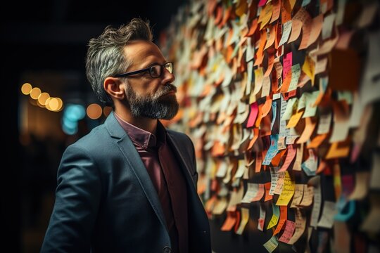 Strategic Puzzle Solver: With a discerning eye, the business man works as a strategic puzzle solver, decoding the information presented on a wall of post-it notes
