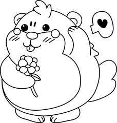 Groundhog shying hand hold flower cartoon style illustration set