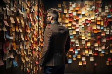 Fototapeta premium Conceptual Collage: With a discerning gaze, the business man appreciates the conceptual collage created on the wall, where post-it notes serve as building blocks for innovative ideas