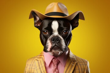 A Dapper Boston Terrier Dog Dressed to Impress in a Stylish Suit and Hat. A dog wearing a suit and a hat