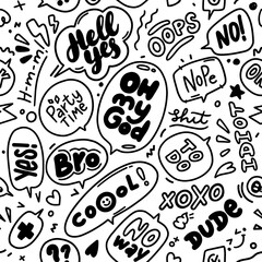 Seamless Trendy speech bubbles in flat hand drawn design with short messages. Cute Comic Style. Dialog windows with phrases Yes. Icons and bubble such as line, hearts, and sparkles.Seamless background