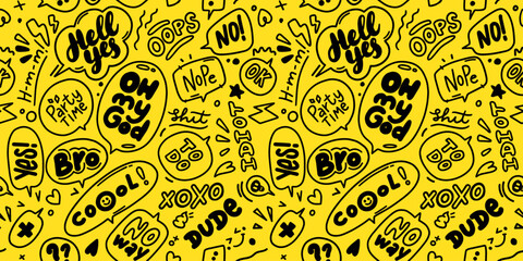 Seamless Trendy speech bubbles in flat hand drawn design with short messages. Cute Comic Style. Dialog windows with phrases Yes. Icons and bubble such as line, hearts, and sparkles.Seamless background