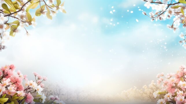 Panorama Spring beautiful flowers template background wallpaper ai generated image