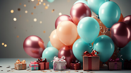 Wide happy birthday background, birthday celebration banner backdrop with different colorful balloons and gift boxes in dark environment 