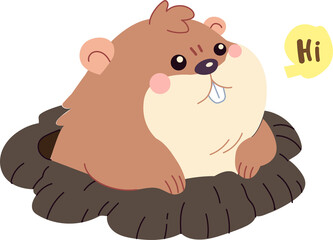 Groundhog say Hi hand draw full-color cartoon style illustration set