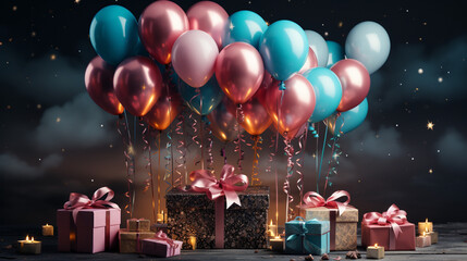 Wide happy birthday background, birthday celebration banner backdrop with different colorful balloons and gift boxes in dark environment 