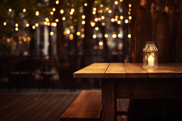 Wooden cafe restaurant empty table with candle outdoor terrace on blurred evening bokeh lights background. Cozy dinner concept - Powered by Adobe