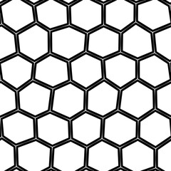 A seamless abstract pattern in bold black and white featuring a honeycomb motif on a white background with a mesh-like design