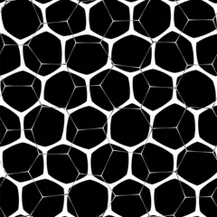 Tapeten A seamless abstract pattern in bold black and white featuring a honeycomb motif on a black with a mesh-like design © Dvarg