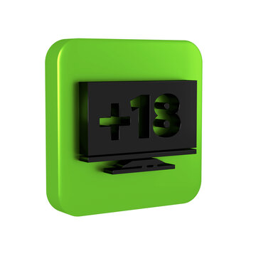 Black Computer monitor with 18 plus content icon isolated on transparent background. Age restriction symbol. Sex content sign. Adult channel. Green square button.