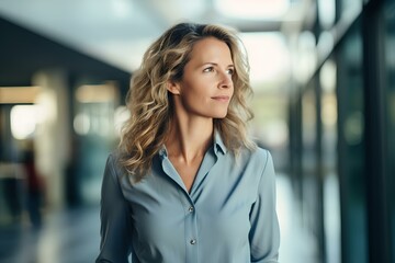 Fototapeta premium Confident business woman leader looking away standing in office hallway. Professional manager executive, female investor or entrepreneur thinking of future success. generative AI