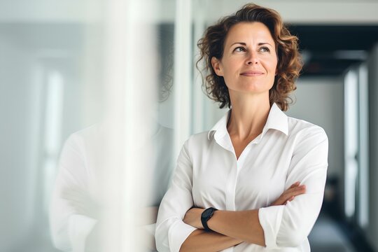 Confident business woman leader looking away standing in office hallway. Professional manager executive, female investor or entrepreneur thinking of future success. generative AI