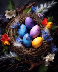 Fototapeta na wymiar Easter eggs nestled in natural bird's nest among ferns