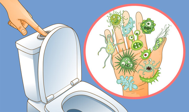 Maintenance of personal hygiene. Hand washing after using the toilet. Germs in public places. Unsanitary conditions. Healthcare illustration. Vector illustration.